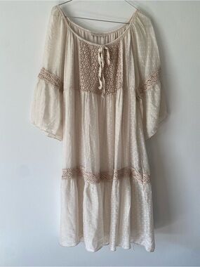 Cream Swiss Dot Lace-Tiered Midi Dress with Tie Neck
